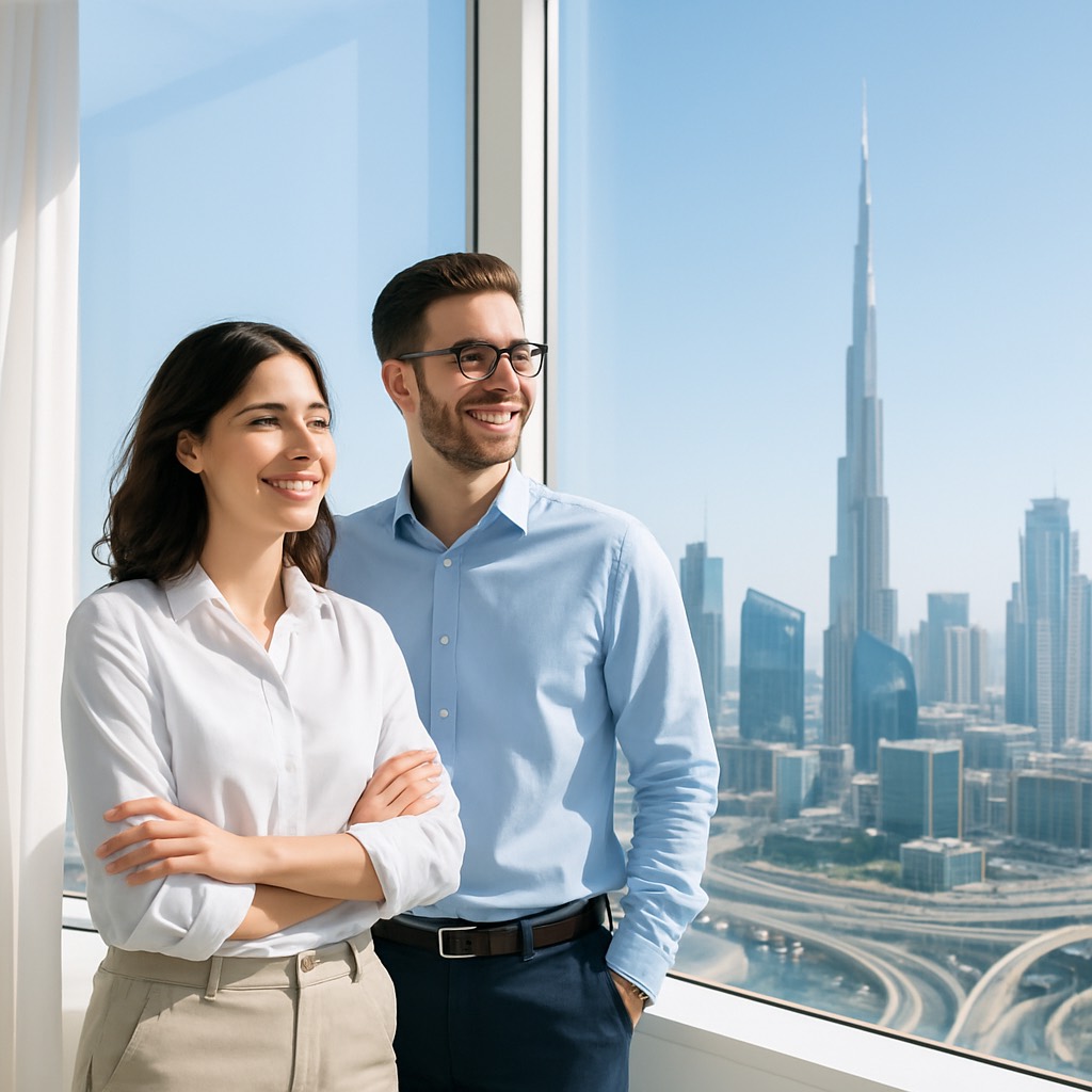 Paar mit Blick über die Skyline von Dubai